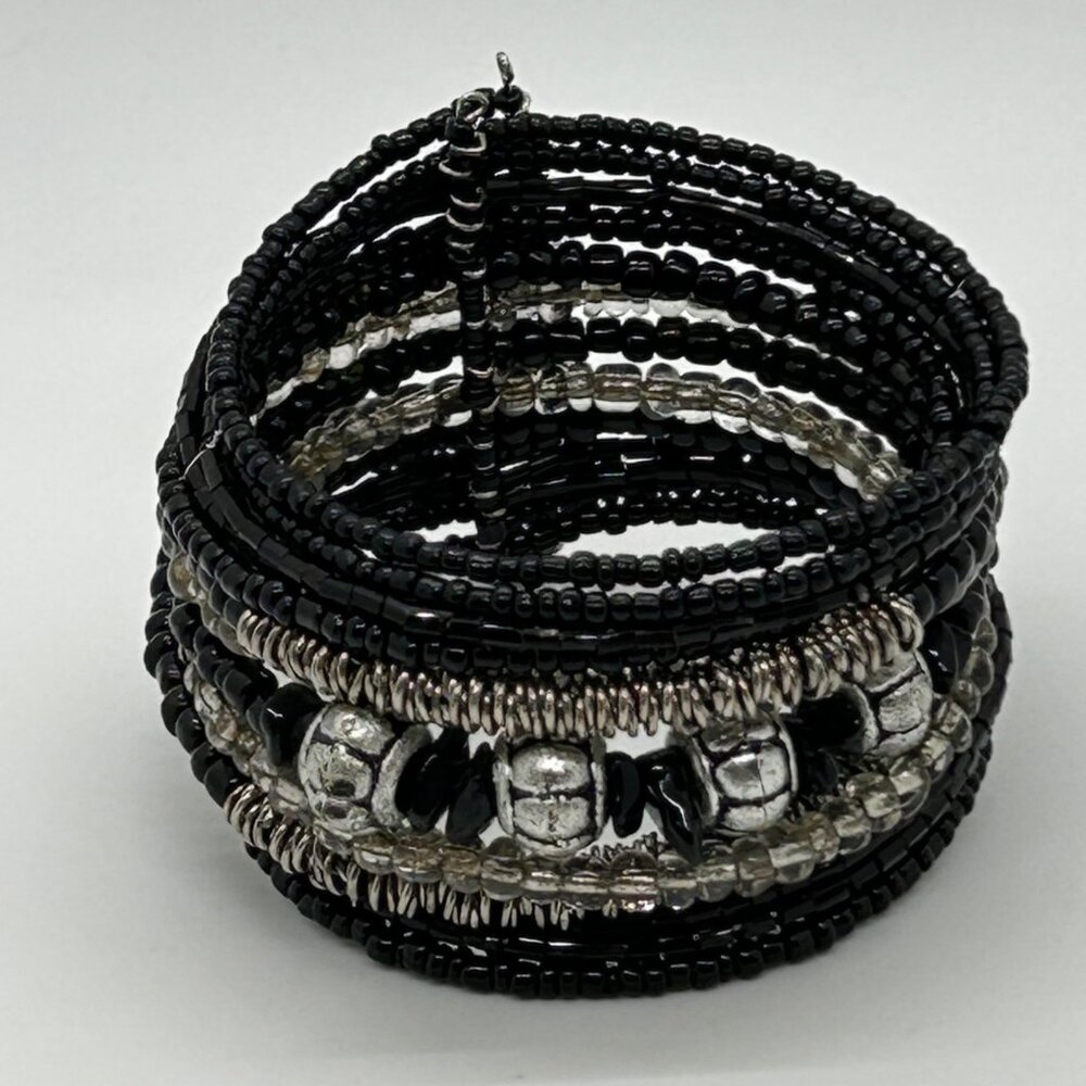 Vintage Black Silver Beaded Bracelet Cuff Memory Wire Wrap Boho Ethnic Statement